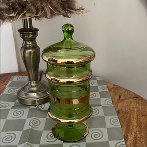 Mid Century Italian Empoli Green and Gold Glass Jar with Lid / Apothecary jar .